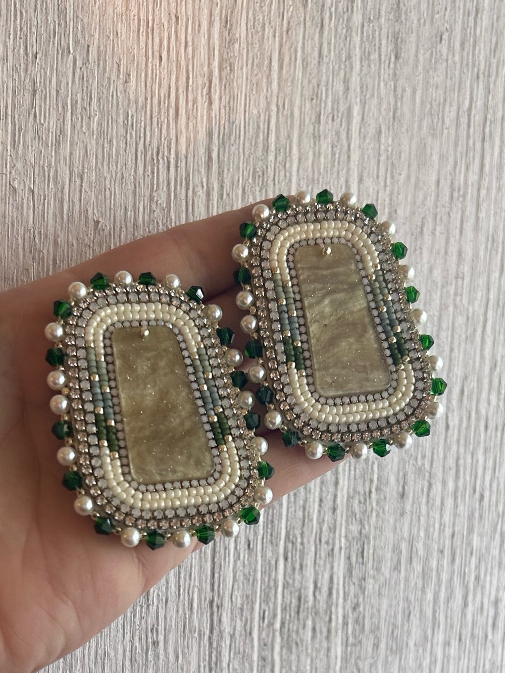 Large Hand Beaded Rectangular Statement Earrings in Emerald & Pearl
